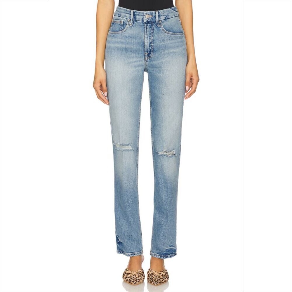 Good American Icon straight leg jeans high waist distressed knee new 14 15 16
